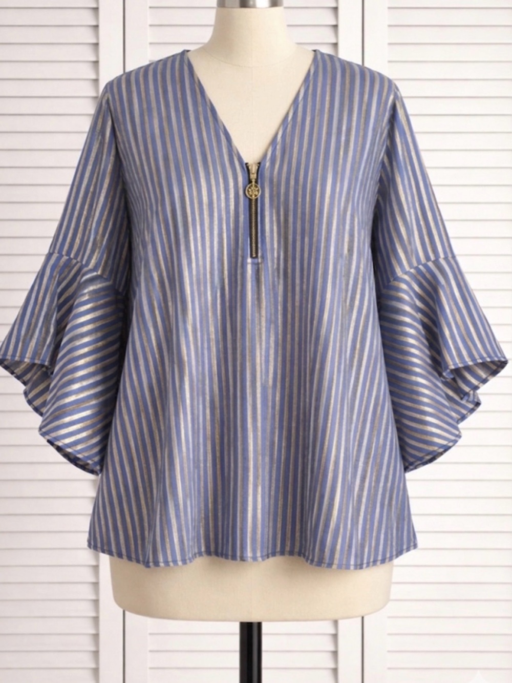 Anne Klein Silky Blue/Metallic Silver Thread-3/4 Zip-Front Top with Lion Logo
